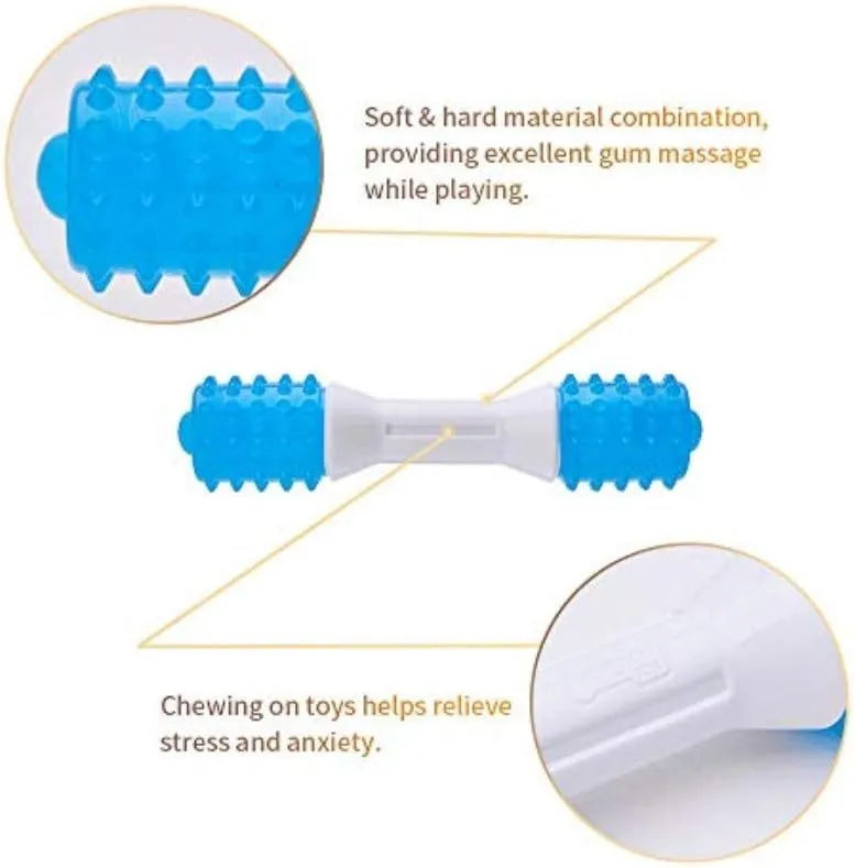 Dual-colour puppy teething chew toy made from TPR and PU rubber for dogs aged 2 to 8 months.