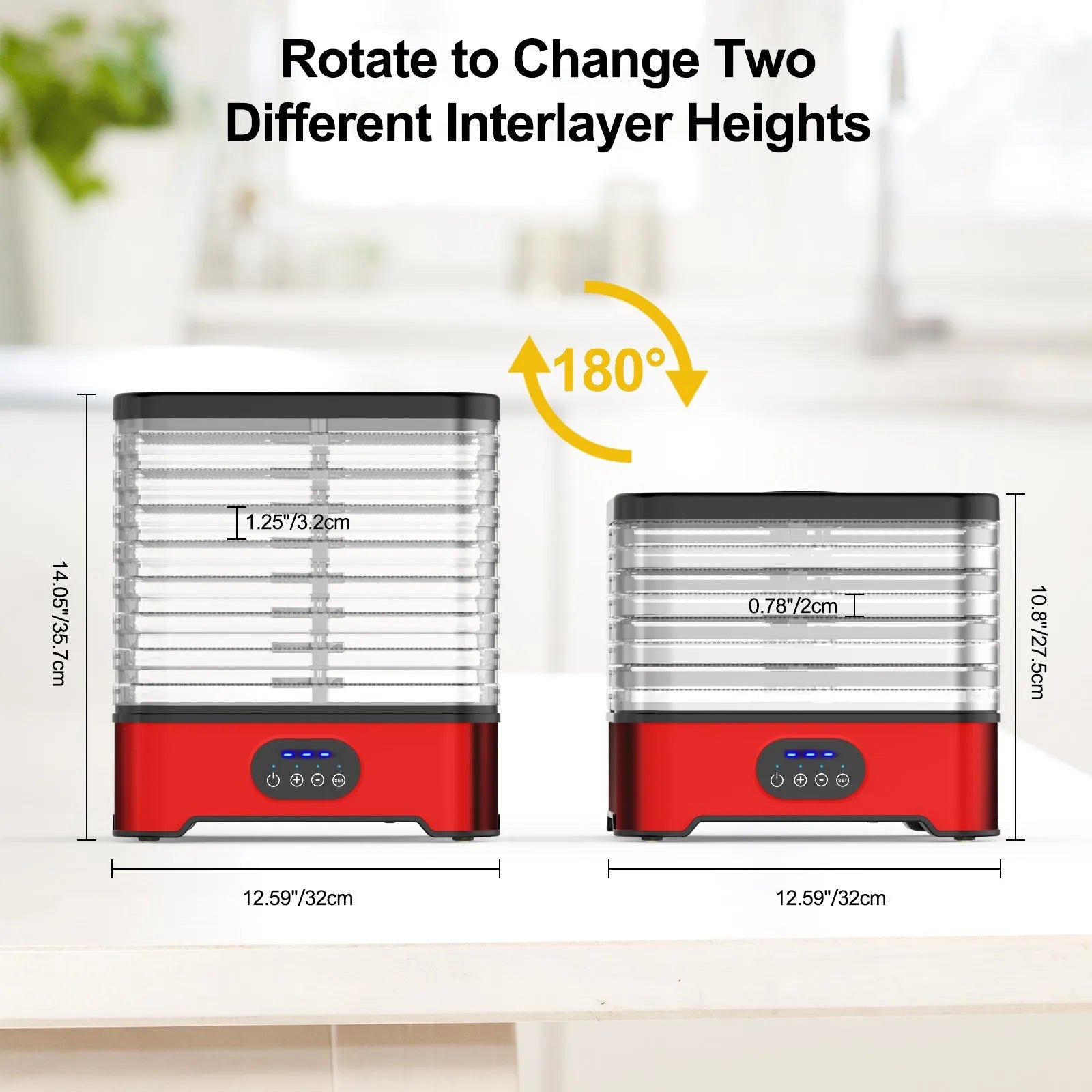 Silver 8-layer household food dehydrator with UK plug on a kitchen counter.