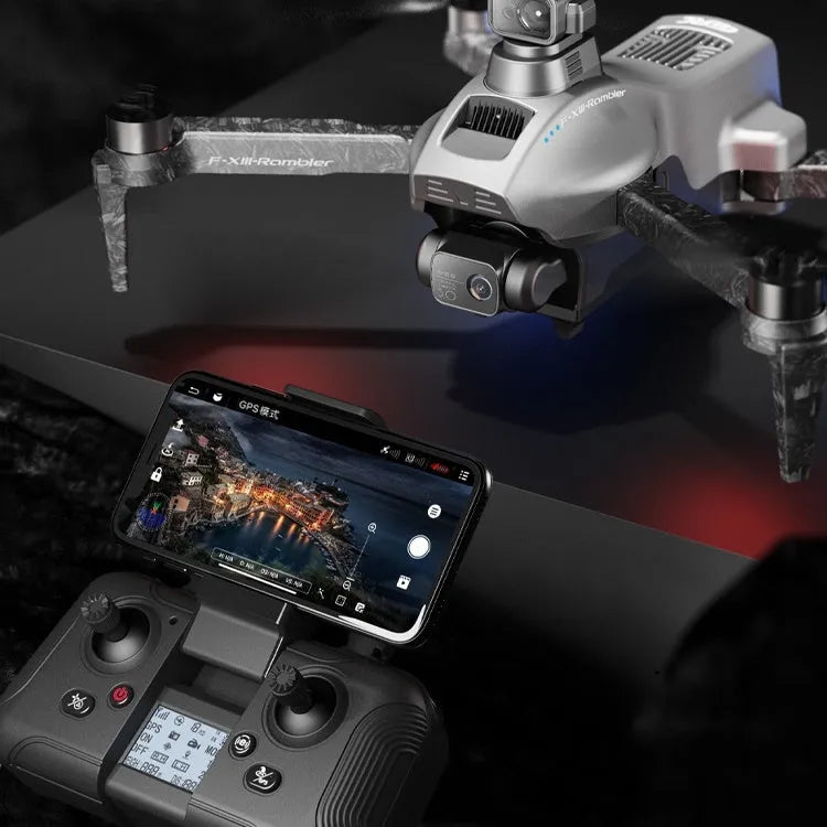 White brushless folding quadcopter drone with camera and obstacle avoidance sensors, shown with remote control, batteries, and shoulder bag.