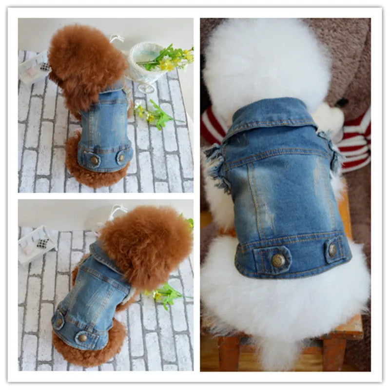 Retro scratch pattern denim vest for a dog on a mannequin, shown in dark wash and light wash colour options.