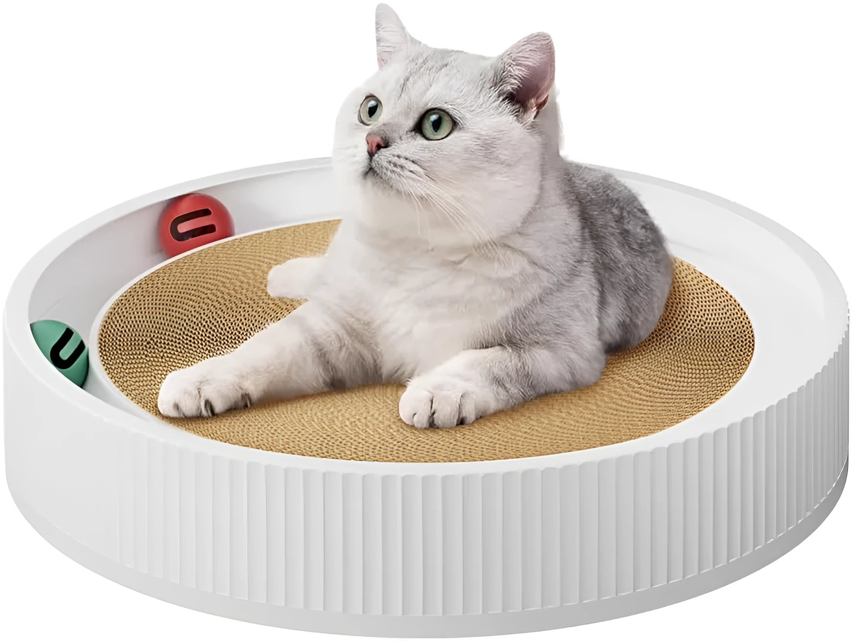 Large green cat scratching board with replaceable core, bell balls, and spring plush toy for indoor cats