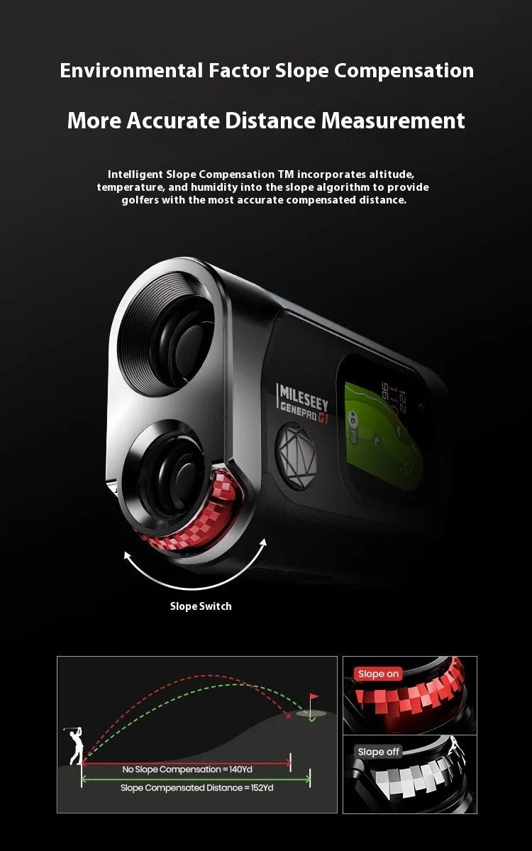 Black GPS rangefinder with AMOLED touch screen display showing distance measurement interface