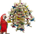 A hanging parrot chew toy made of natural wood and corn husk, measuring 30 to 50cm long, suspended in a bird cage.