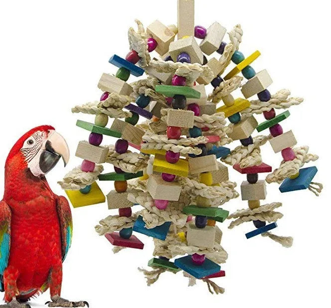 A hanging parrot chew toy made of natural wood and corn husk, measuring 30 to 50cm long, suspended in a bird cage.