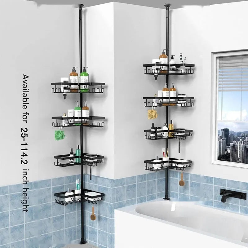 Modern stainless steel bathroom storage rack with four retractable shelves and hole-free design