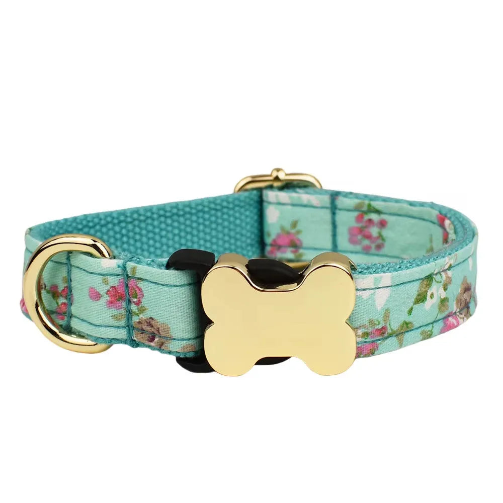 Flat fabric printed grid nylon dog collar with bone buckle closure in multiple colours