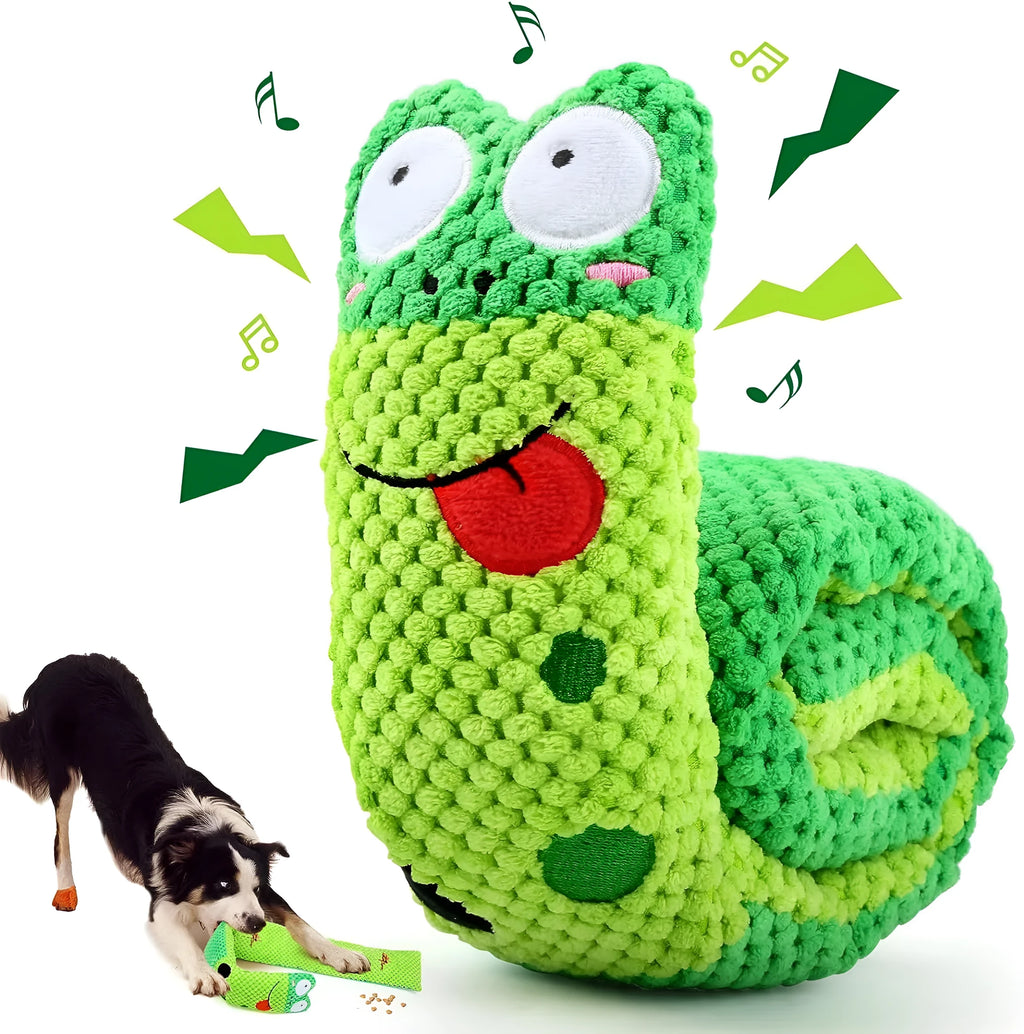 Velvet dog puzzle toy with squeaker in transformable snail and stick shapes for foraging training