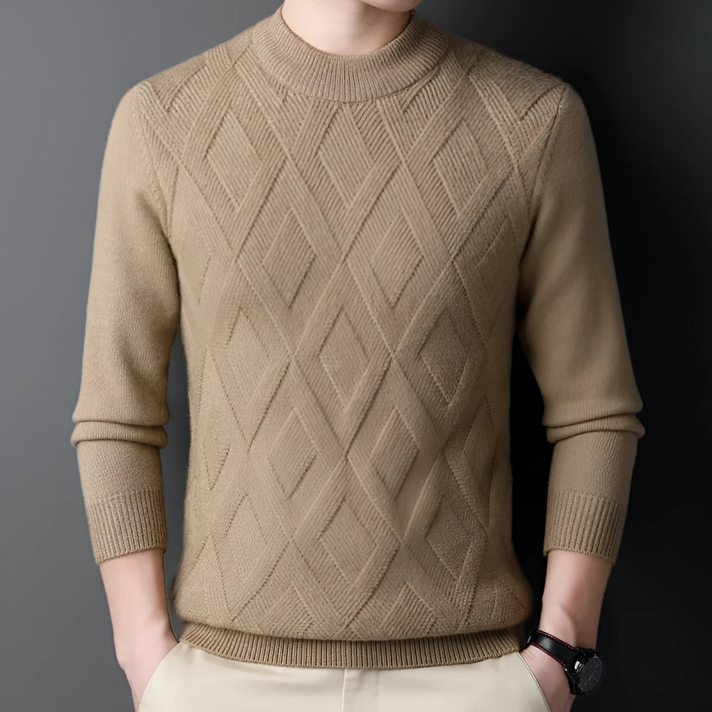 Men's diamond jacquard knit winter sweater in wool polyester blend, showing texture and pullover style
