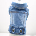 Retro scratch pattern denim vest for a dog on a mannequin, shown in dark wash and light wash colour options.