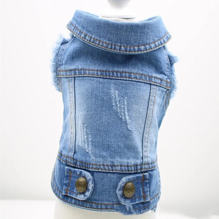 Retro scratch pattern denim vest for a dog on a mannequin, shown in dark wash and light wash colour options.