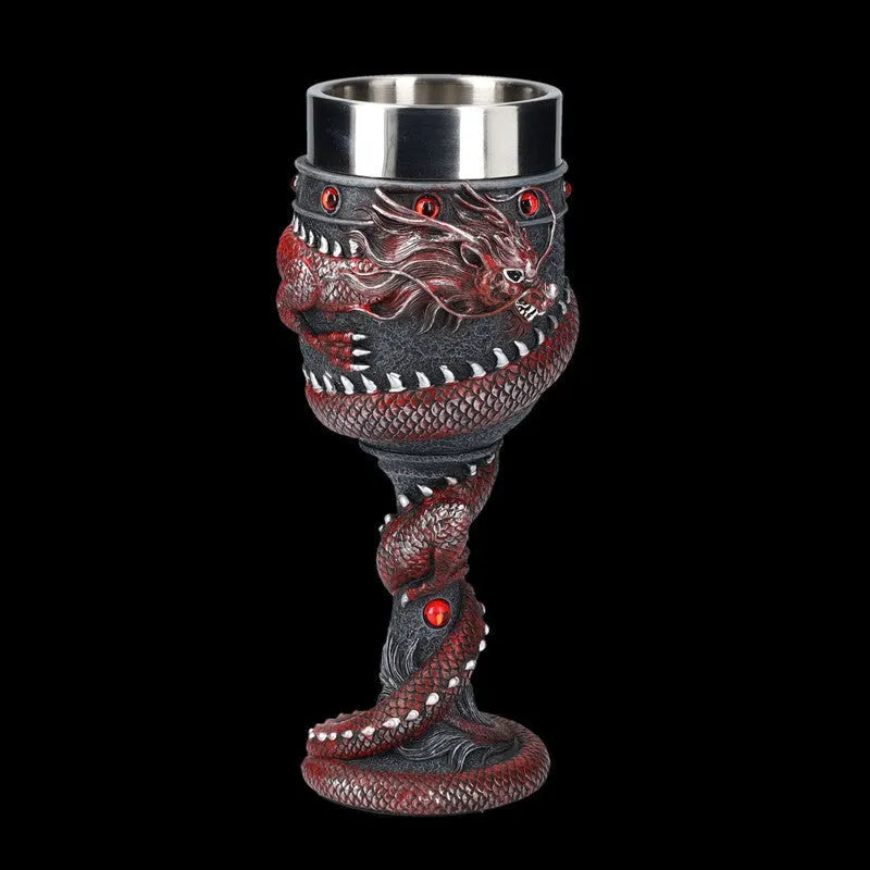 Stainless steel red wine glass with 3D Chinese dragon design in gold colour