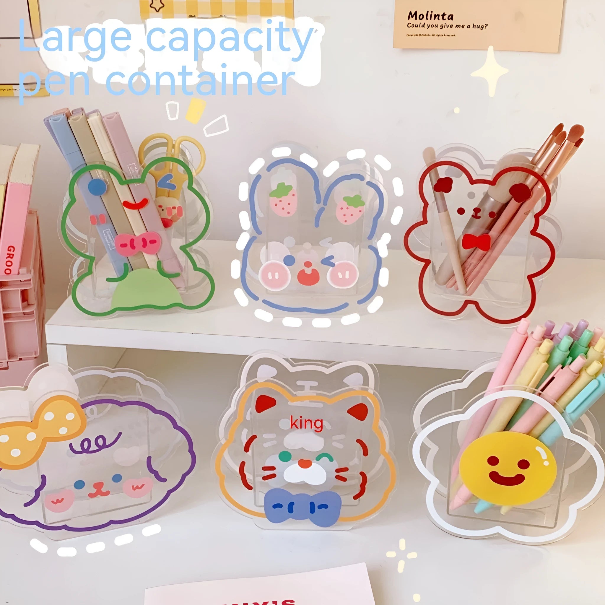 Square transparent acrylic storage box with decorative character design for desk organisation