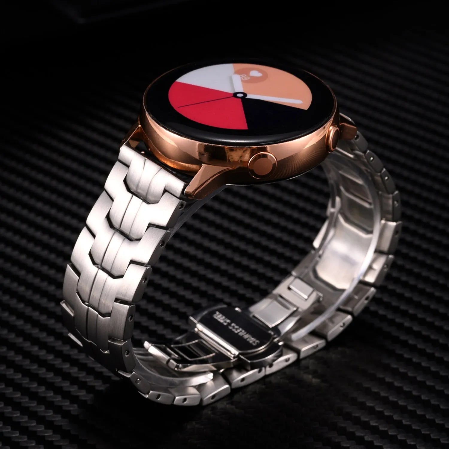 Stainless steel Samsung Galaxy Watch band in multiple colour options showing 20mm and 22mm universal sizes