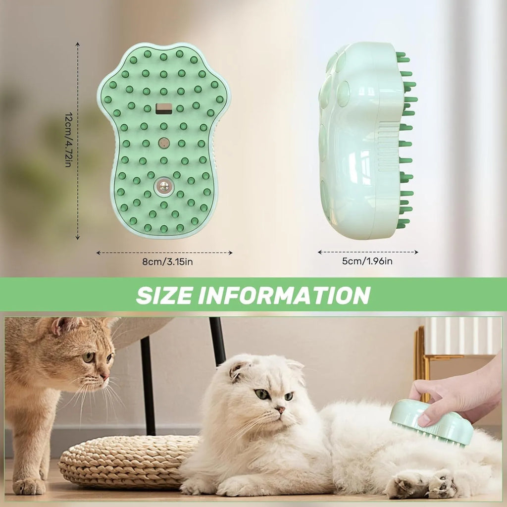 Self-cleaning cat steam brush with blue silicone bristles and release button for pet grooming