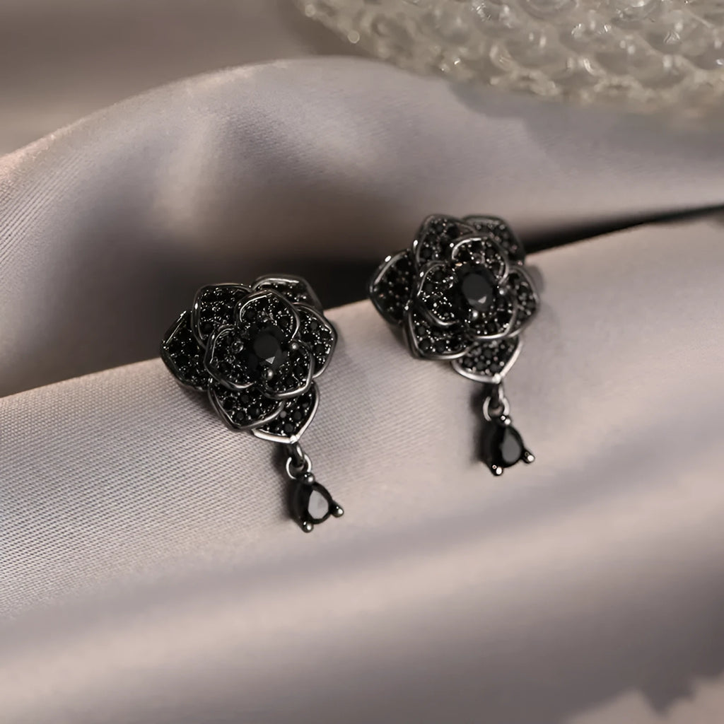 Black rose zircon flower stud earrings with 18K gold-plated copper setting