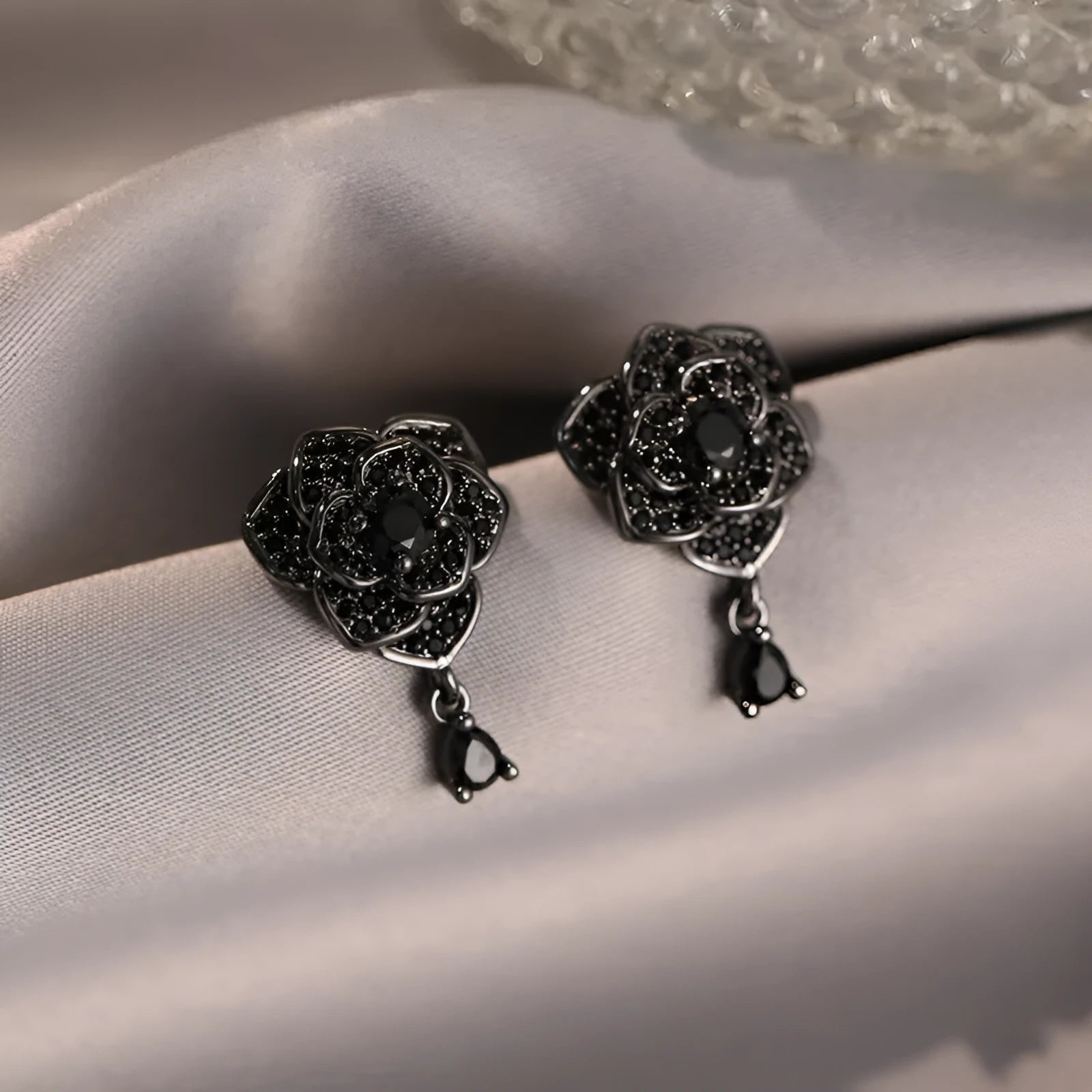 Black rose zircon flower stud earrings with 18K gold-plated copper setting