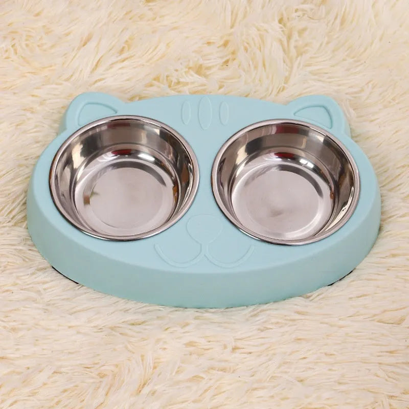 Blue stainless steel cat face bowl for feeding and watering cats, 13 cm diameter
