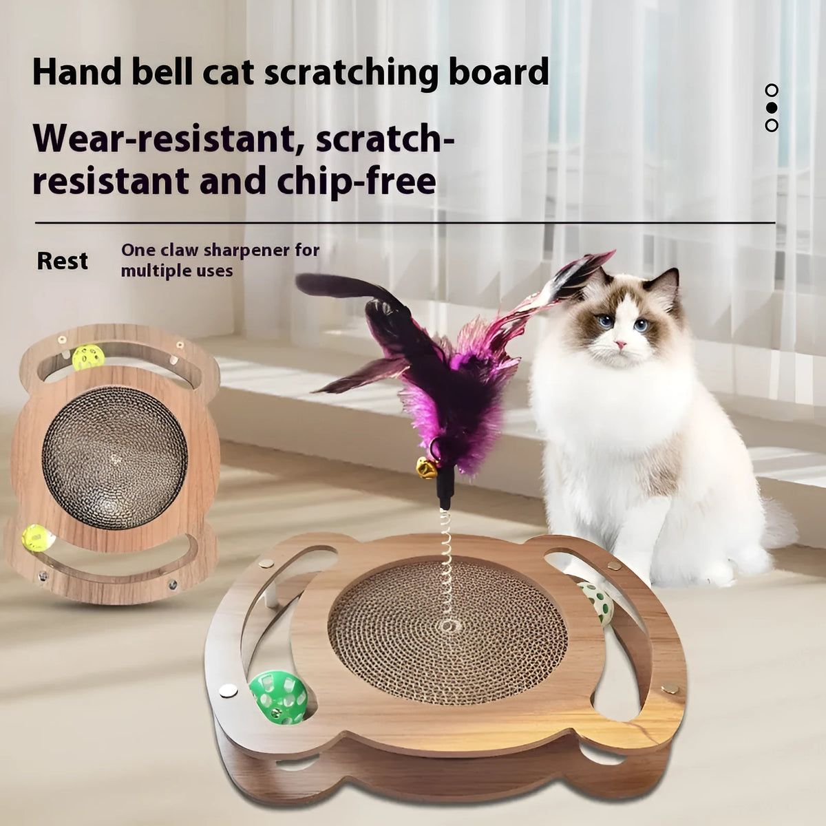 Vertical triangular corrugated paper cat scratch board with handbell shape, 30x22x4cm, on wooden floor