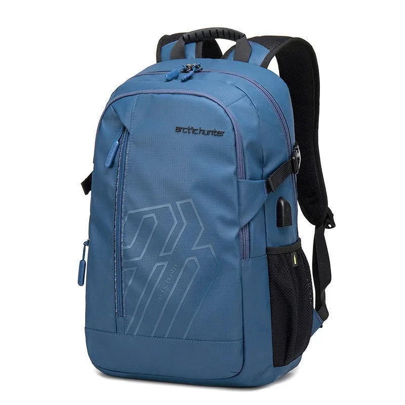 Blue plaid polyester casual backpack with curved shoulder strap, shown from the side.