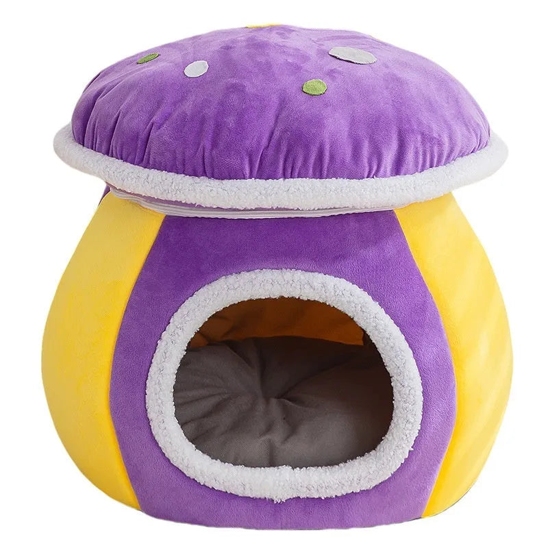 Mushroom-shaped cat nest in rabbit plush material with winter thermal design