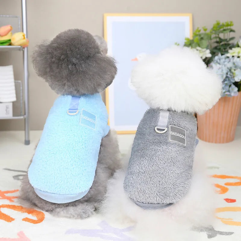 Coral fleece pet jacket with five-colour pull rings in blue, sizes S to XXL