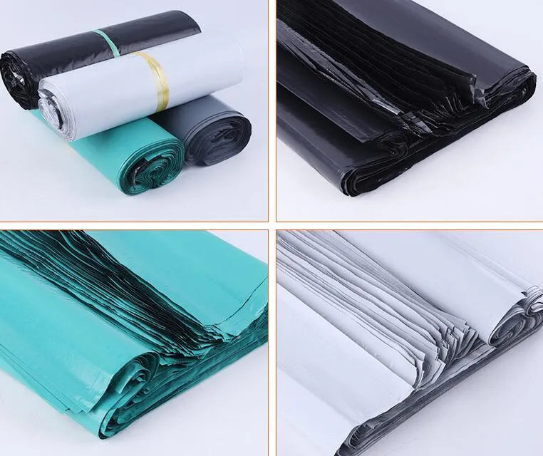 A pack of 100 clear PE courier bags for clothing with adhesive seals, shown in different sizes and colours.
