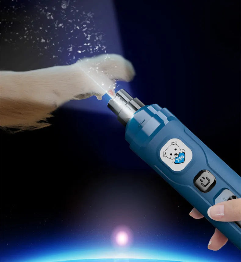 Blue pet electric nail sharpener with USB charging cable on white background