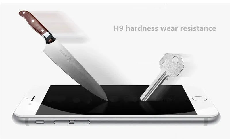 Tempered glass screen protector with 9H hardness and oleophobic coating for smartphones.