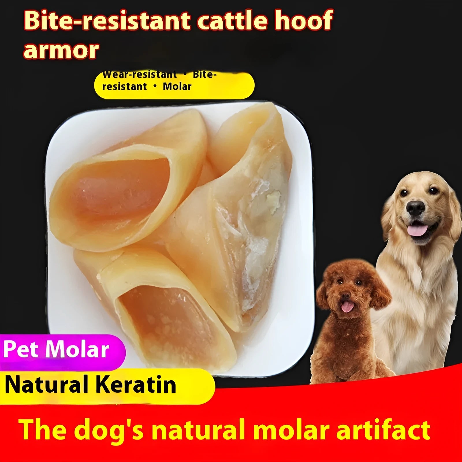 Natural cowhide dog chew with hoof shell attached, showing small and large size options
