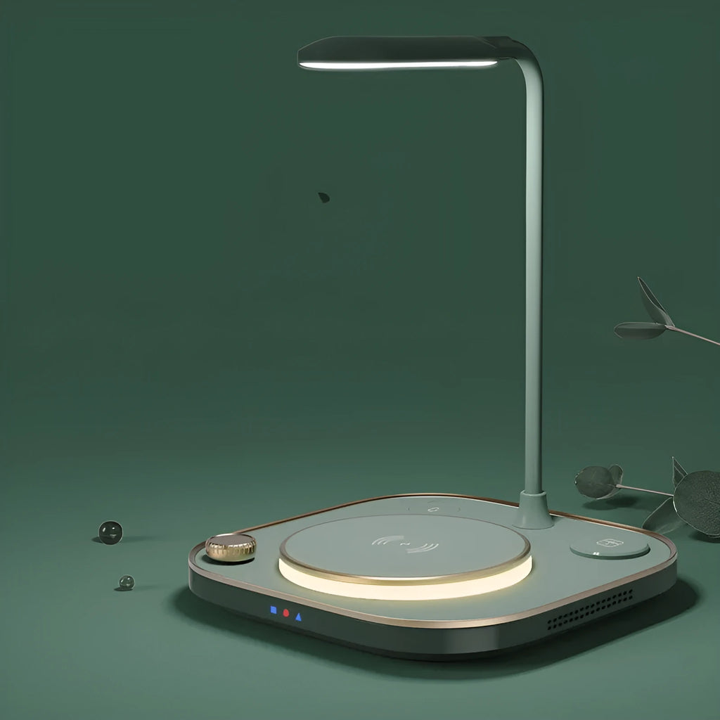 Black wireless charging desk lamp showing phone charging on magnetic surface with integrated lighting
