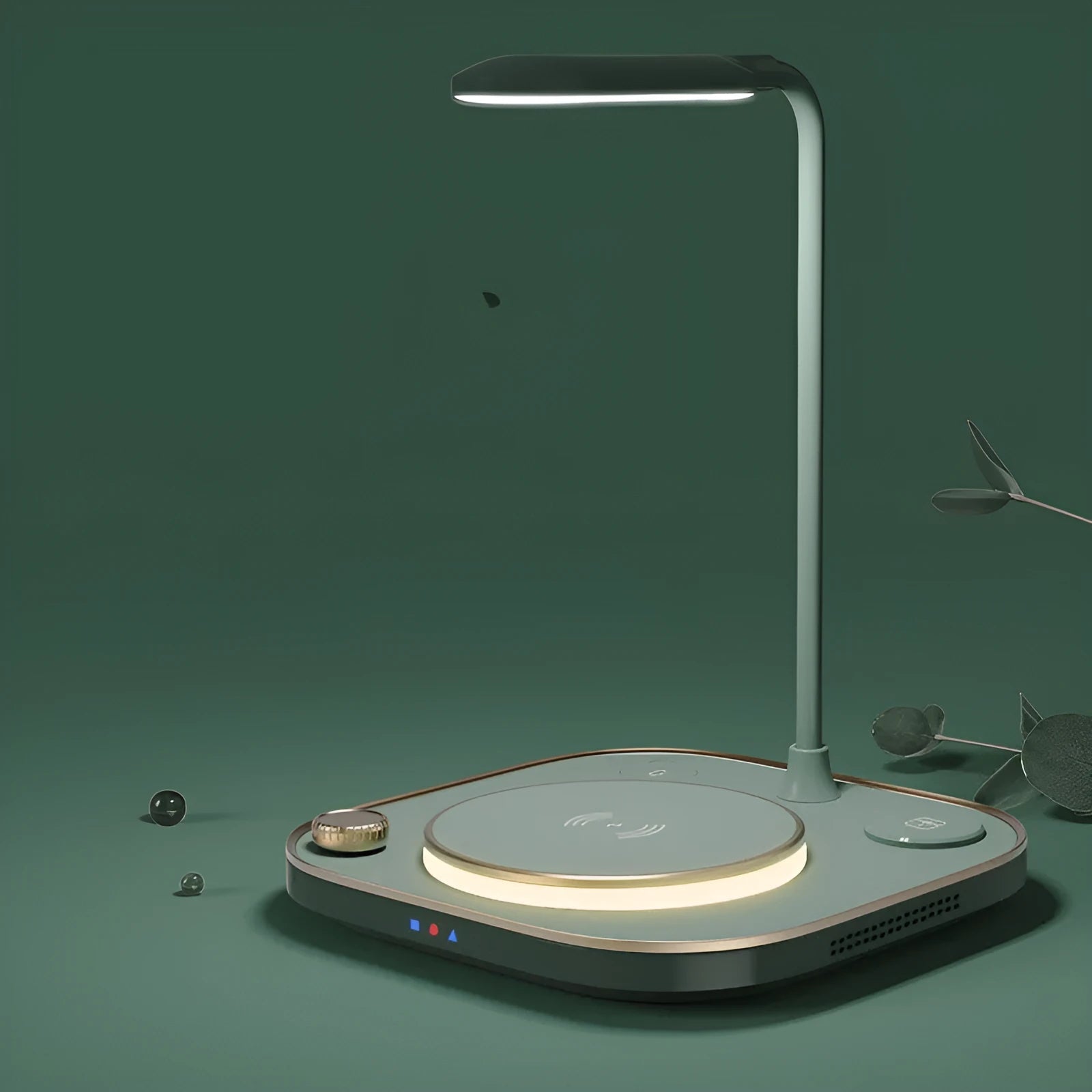 Black wireless charging desk lamp showing phone charging on magnetic surface with integrated lighting