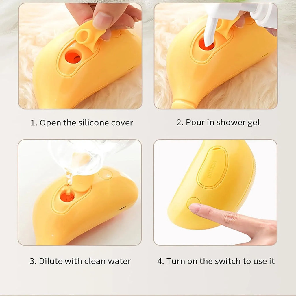 Green rechargeable cat steam brush with silicone teeth showing cat paw-shaped ends and compact 10x6.5cm design