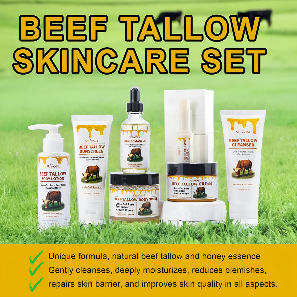 Seven-piece skincare set showing facial cleanser, face cream, lip balm, protective cream, body lotion, facial scrub, and beef tallow products