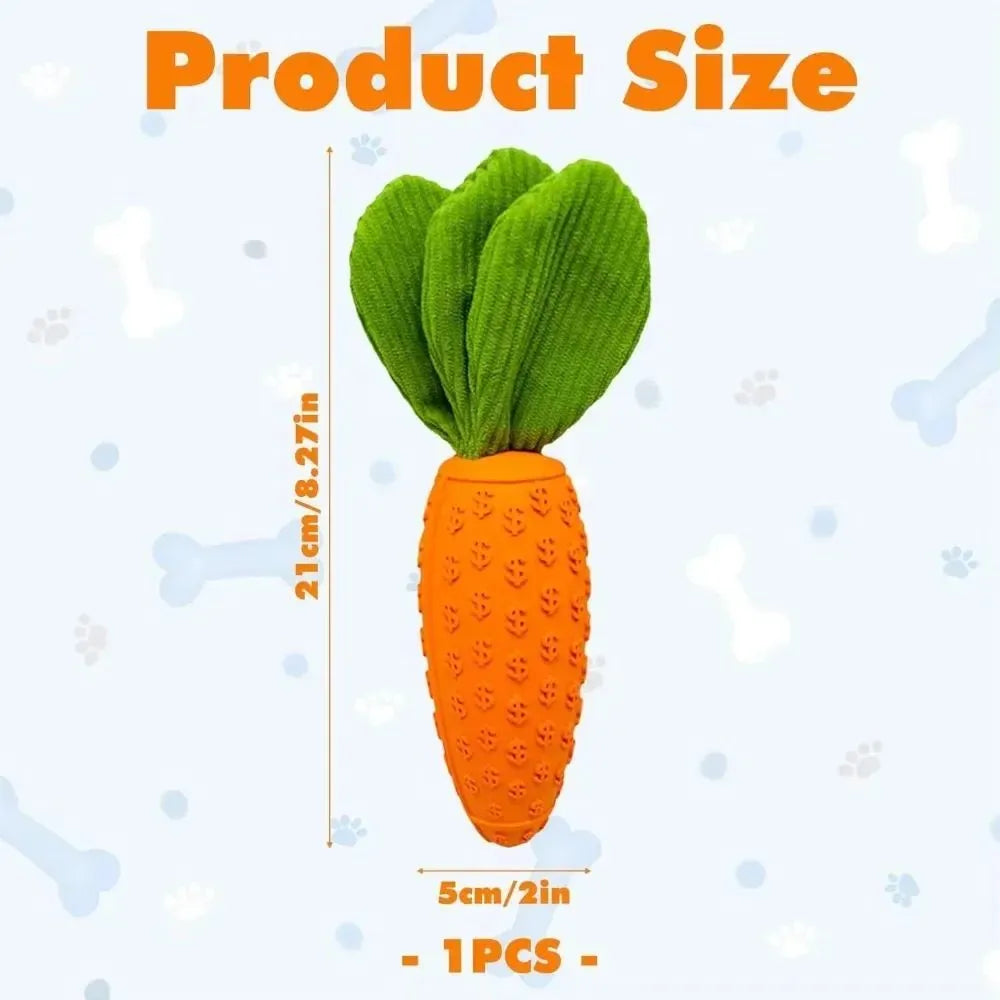 Orange carrot-shaped dog chew toy with rubber and plush texture, 21cm long, suitable for all breeds