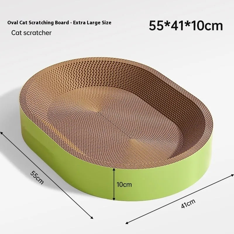 Green oval corrugated paper cat scratch board and nest measuring 55cm in diameter