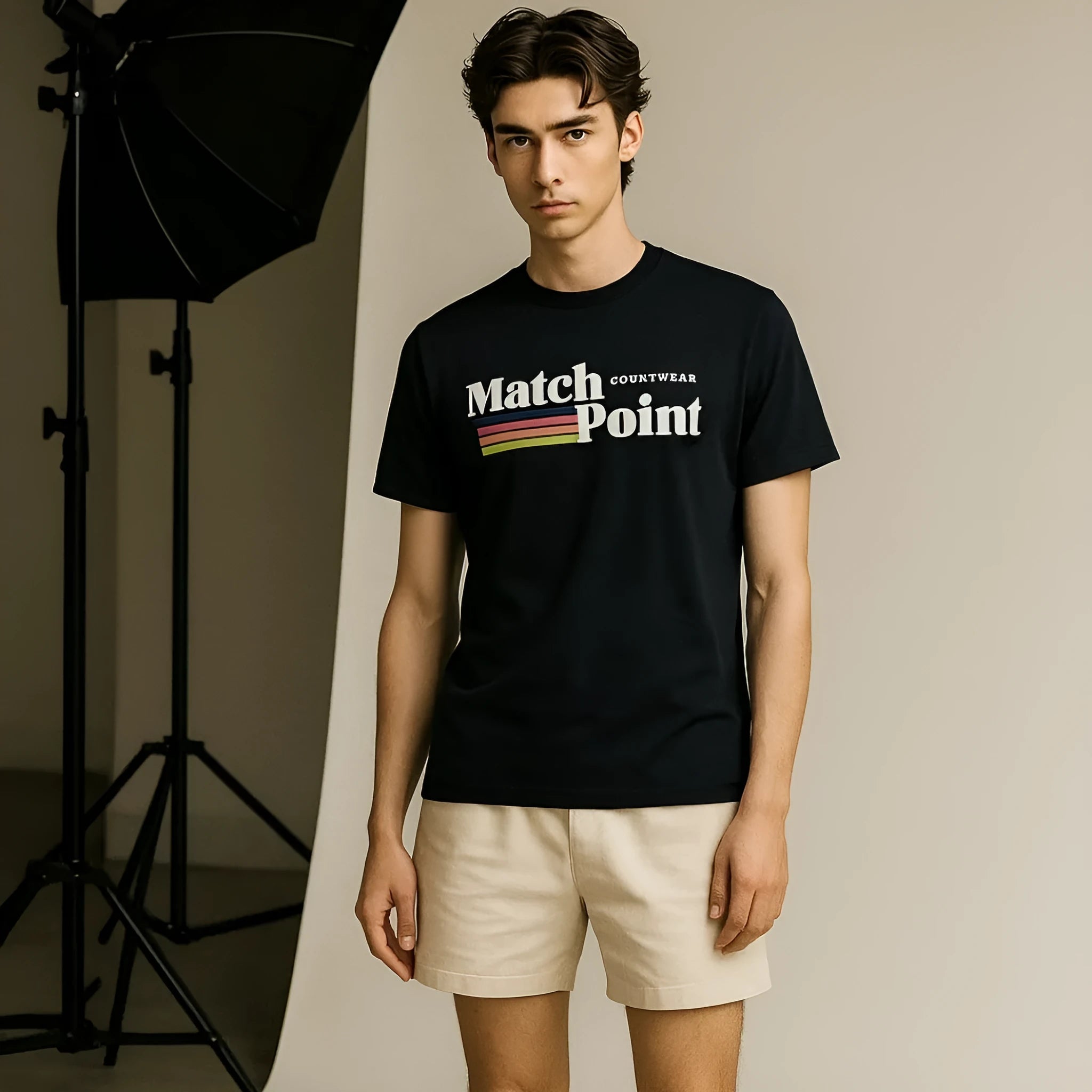 Men's black casual T-shirt with 3D digital printed text pattern, short sleeves and round neck