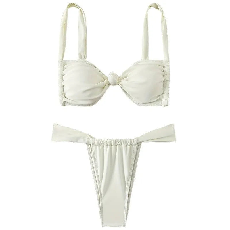 Women's solid white lacing sling split swimsuit with backless design, high elasticity nylon spandex blend