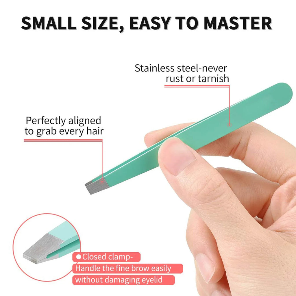 Professional stainless steel eyebrow tweezer set with curved scissors in a leather case