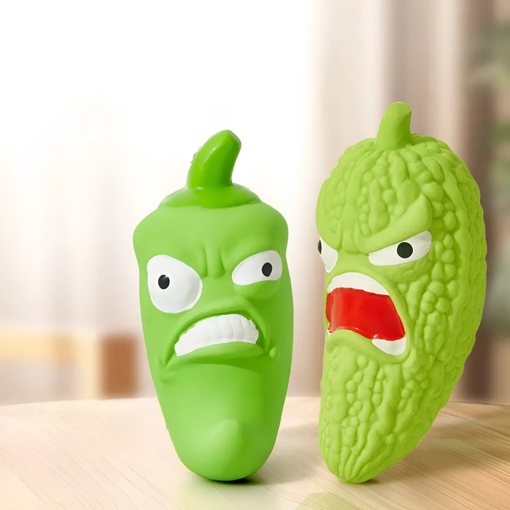 Natural rubber bitter melon and chilli shaped dog chew toys with textured grinding teeth surfaces for dental cleaning