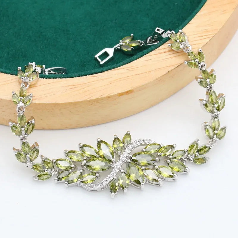 Retro olive purple floral jewellery set with alloy pendant, copper zircon necklace, bracelet, earrings, and ring