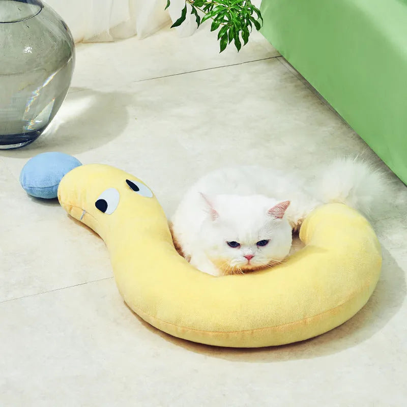 Blue and yellow rectangular pet cushion measuring 62cm by 39cm for cats and dogs
