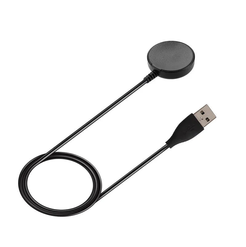 Black plastic USB watch charger with integrated fast charging cable measuring 34mm