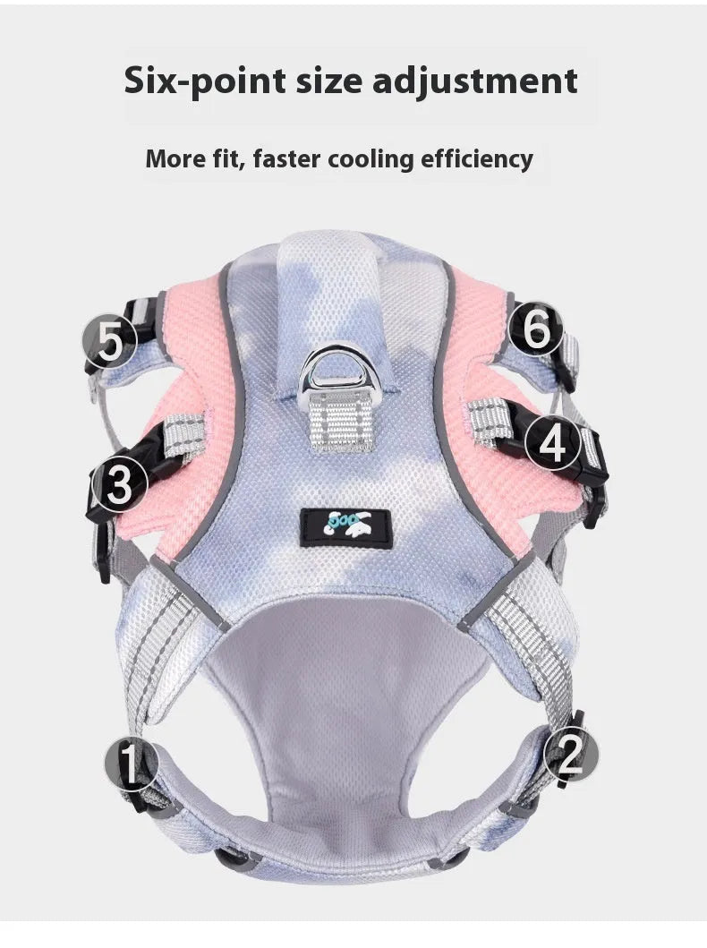Reflective dog cooling chest strap in light blue, adjustable for walking safety