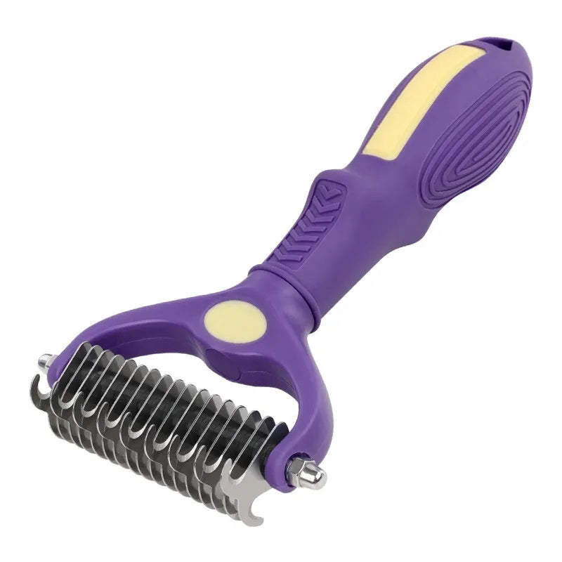 Purple double-sided plastic pet comb for detangling dog and cat fur knots
