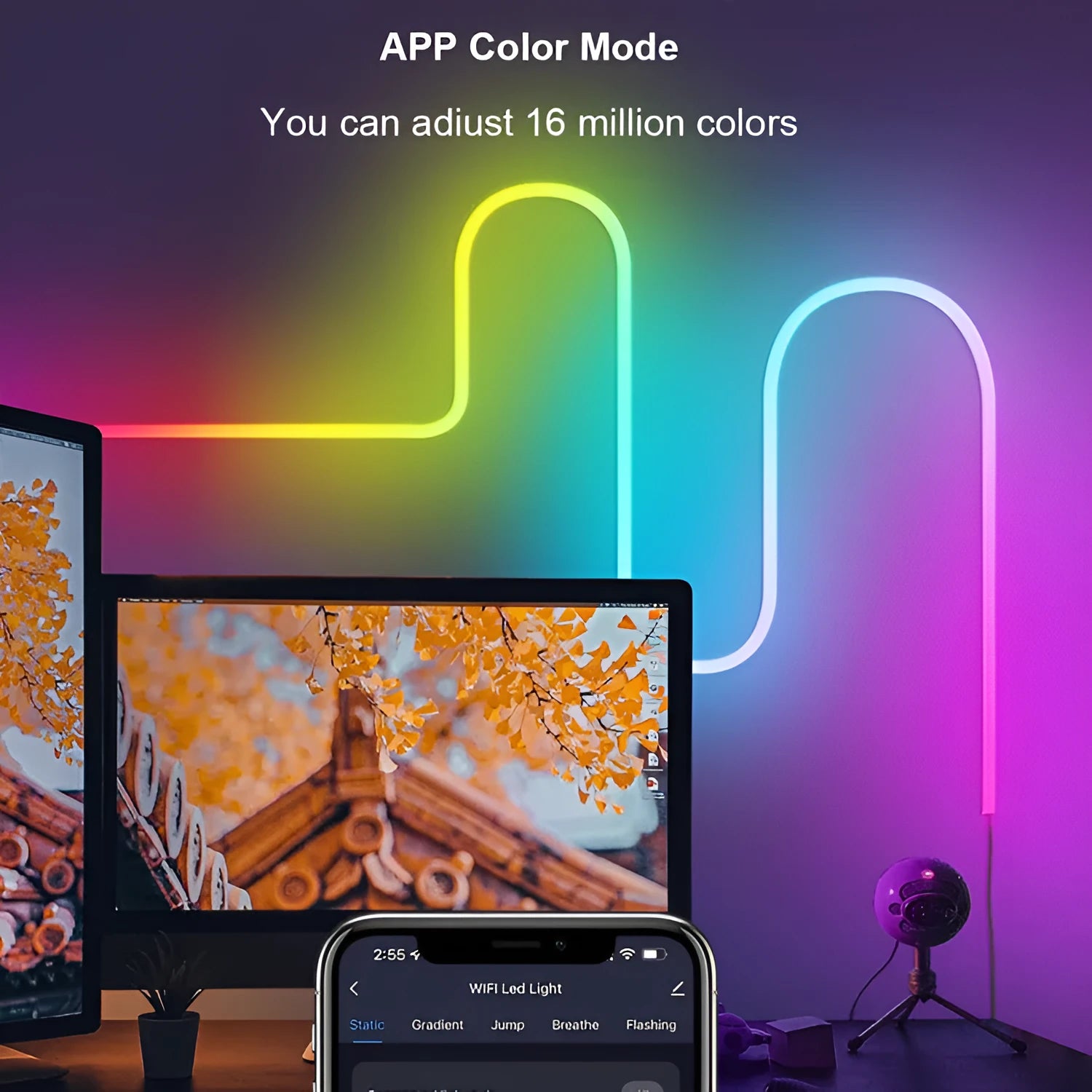 3 metre long RGB magic colour USB neon light strip with remote control on a dark background