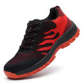 Red summer safety shoes with steel toe cap protection and breathable mesh upper