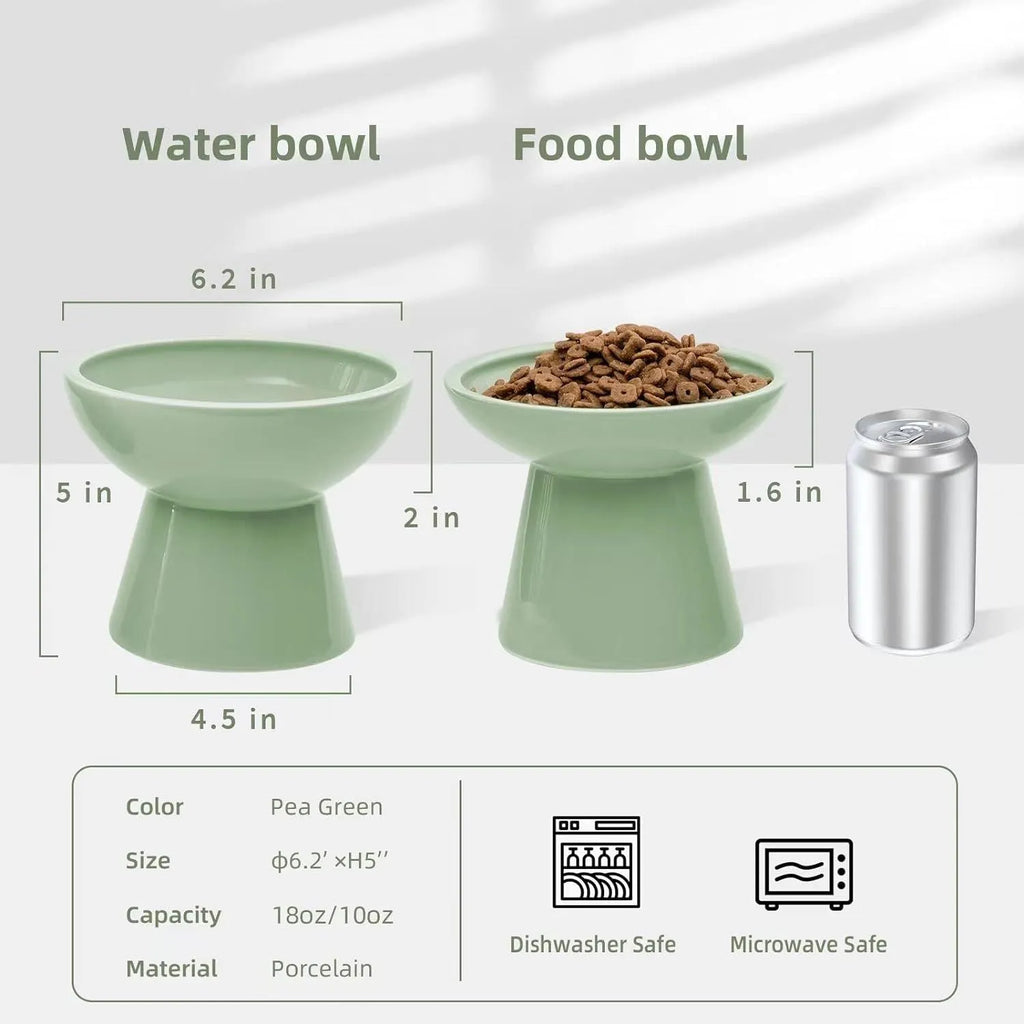 Blue ceramic elevated cat food bowl with wide shallow dish for whisker fatigue prevention.