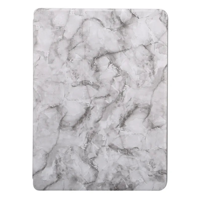Imitation leather tri-fold iPad case in dark grey with marbling pattern, showing card slots and folded stand position.