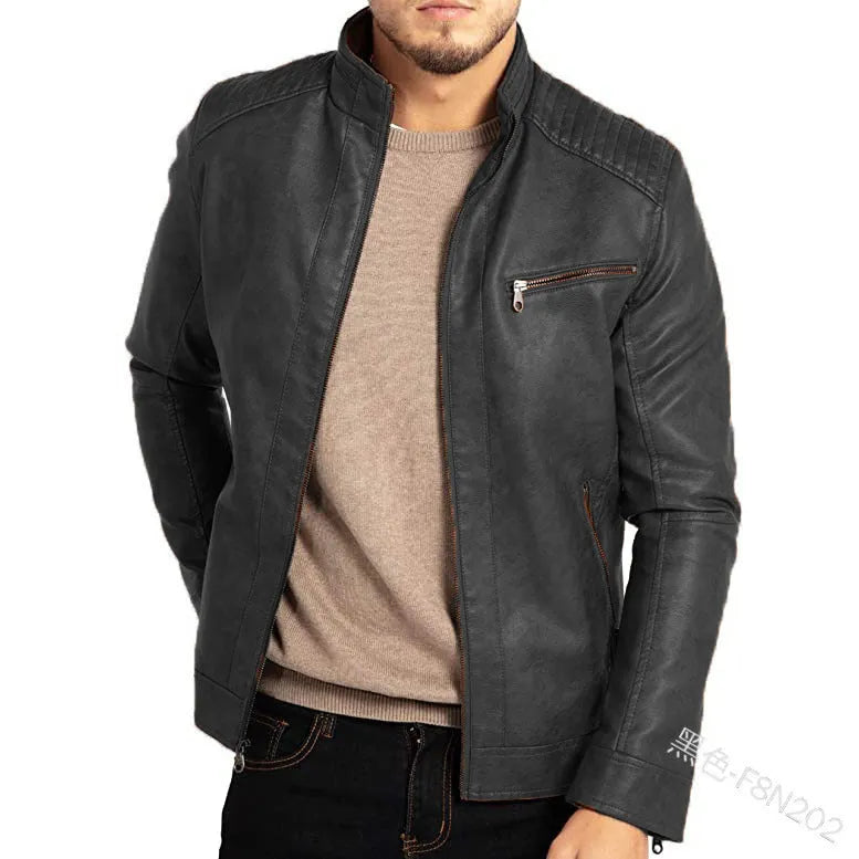 Men's punk motorcycle artificial leather jacket with stand collar in Army Green colour