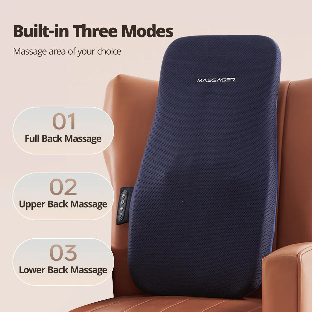 Walking massage lumbar support pillow with heat therapy and control buttons on office chair